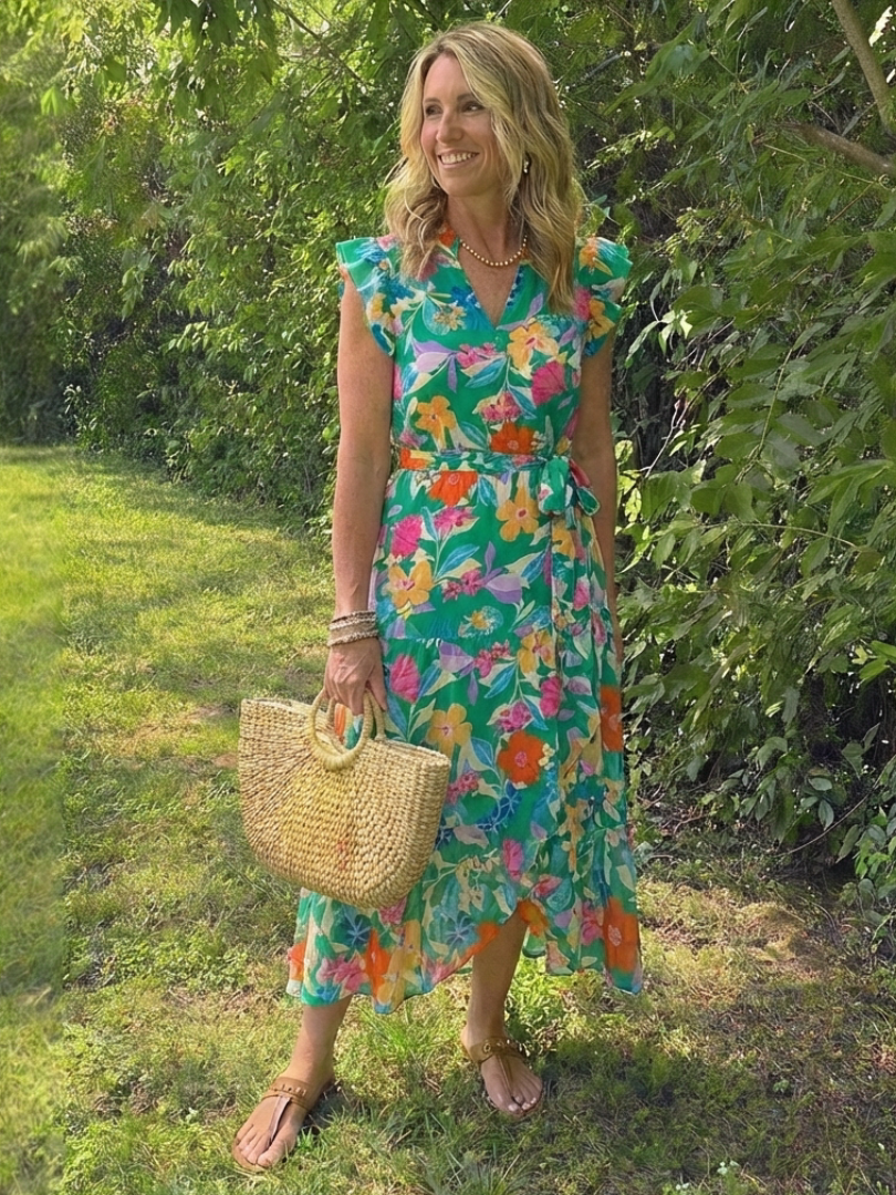 Leila - Vestido midi con cuello en V, volantes y estampado floral