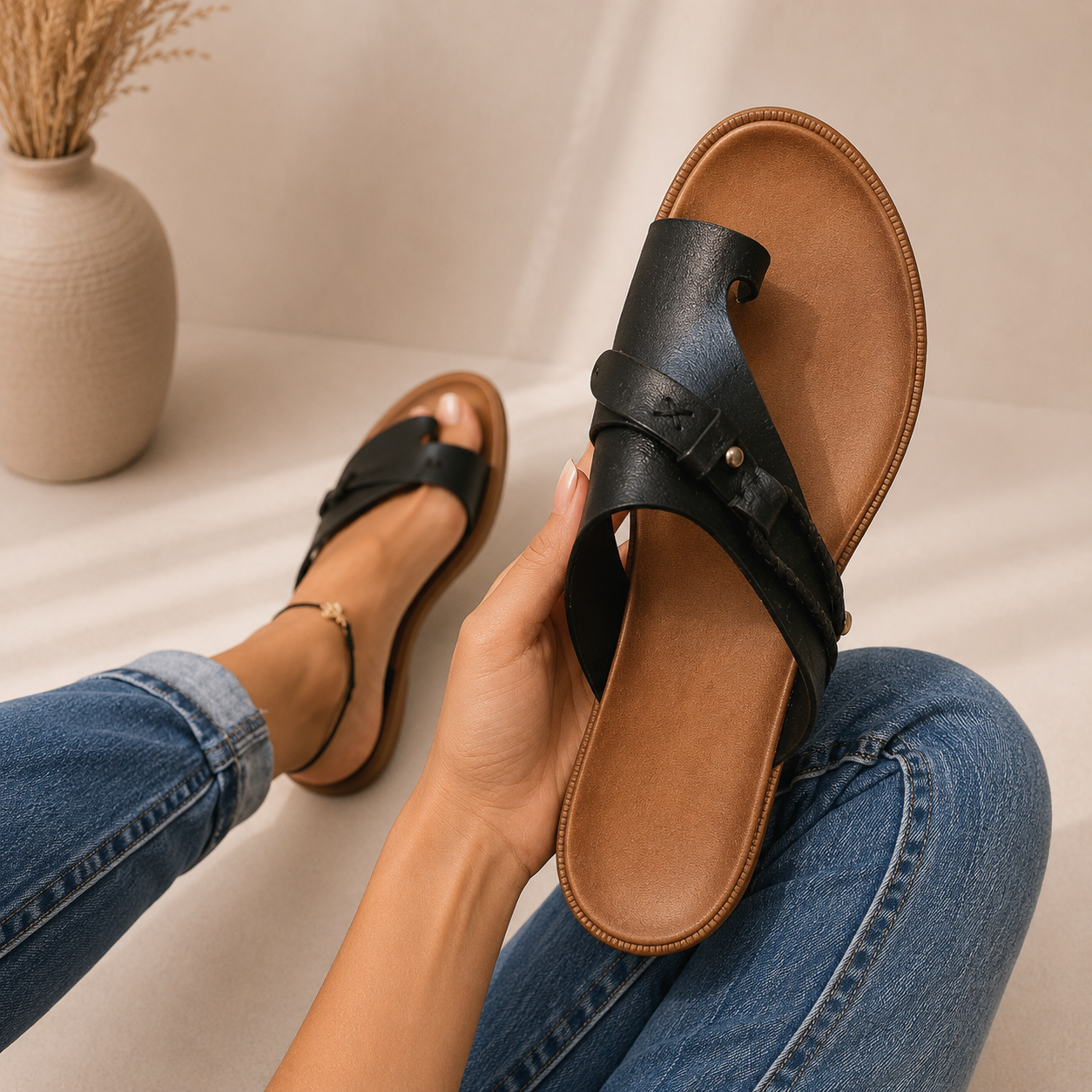 Sandalias planas de mujer de dedo con tiras