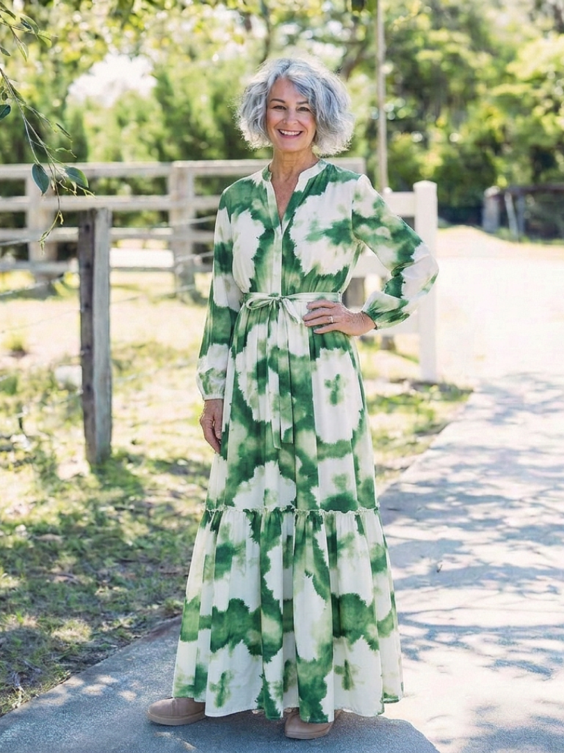 Sabina - Vestido largo de manga larga con lazo en la cintura y volantes