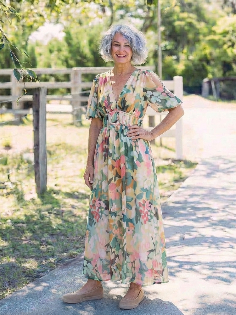 Eulalia - Vestido medio de manga corta con cuello en V y cintura fruncida