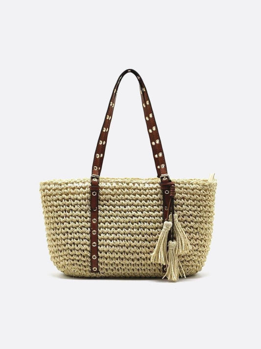 Bolso Cesta de Paja con Asas de Piel Sintética y Borlas