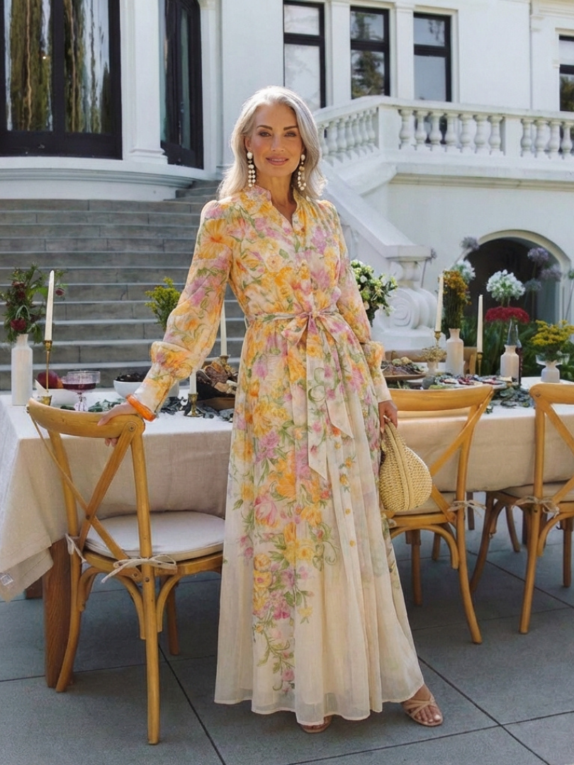Cressida - Vestido largo de manga larga con estampado floral transparente