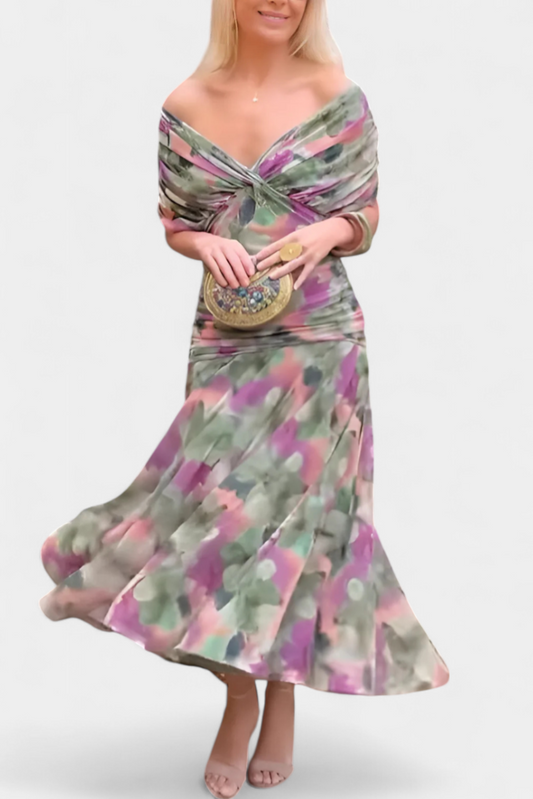 Iselina | Vestido largo fruncido para mujer con cuello en V elegante | Fluido