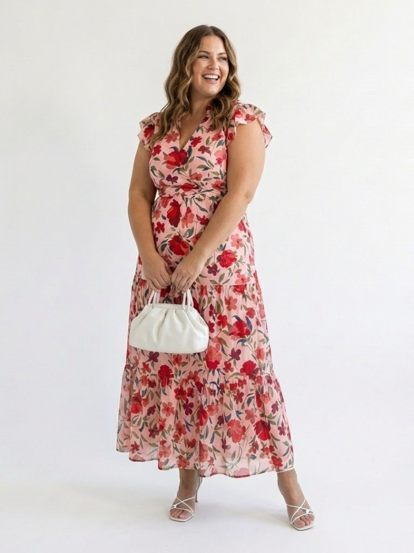 Leila - Vestido midi con cuello en V, volantes y estampado floral