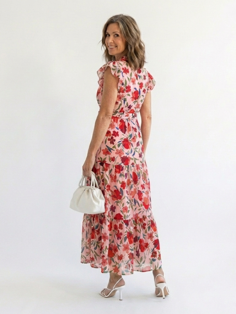 Leila - Vestido midi con cuello en V, volantes y estampado floral