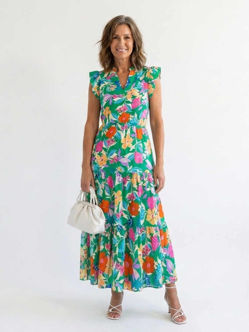 Leila - Vestido midi con cuello en V, volantes y estampado floral