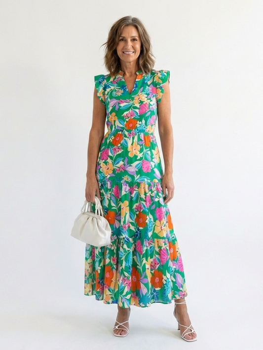 Leila - Vestido midi con cuello en V, volantes y estampado floral