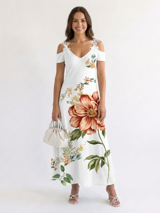 Sofia - Vestido largo con hombro descubierto y estampado floral