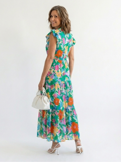 Leila - Vestido midi con cuello en V, volantes y estampado floral