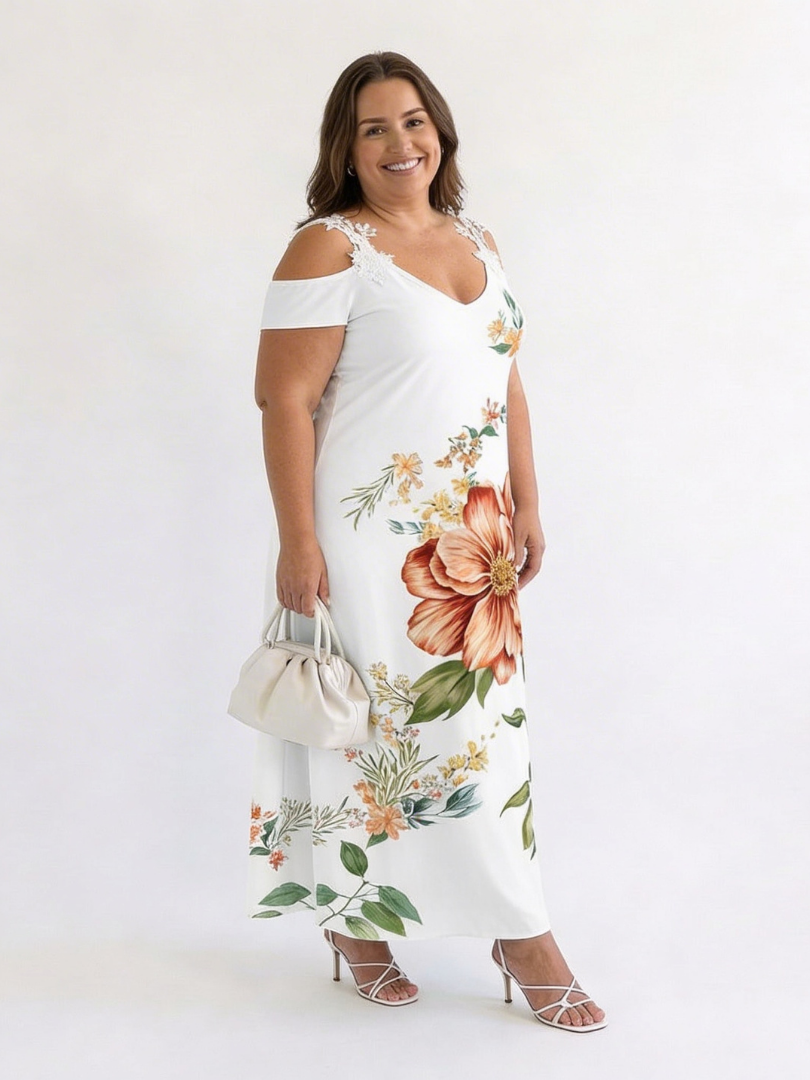 Sofia - Vestido largo con hombro descubierto y estampado floral