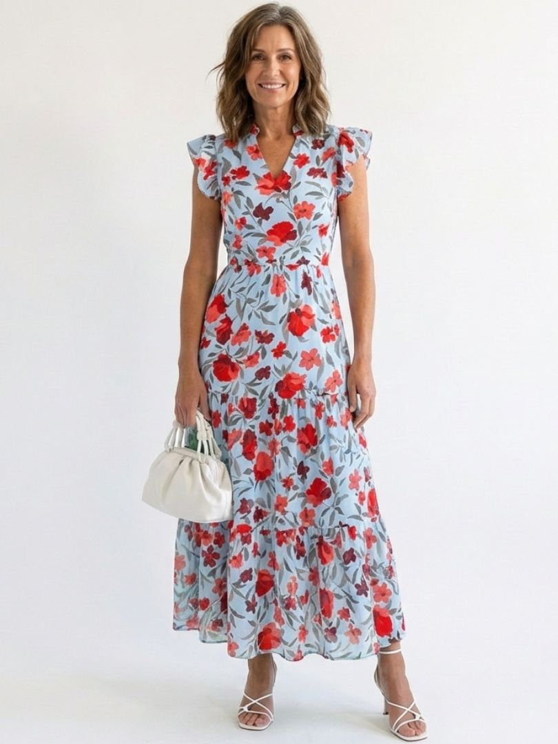 Leila - Vestido midi con cuello en V, volantes y estampado floral