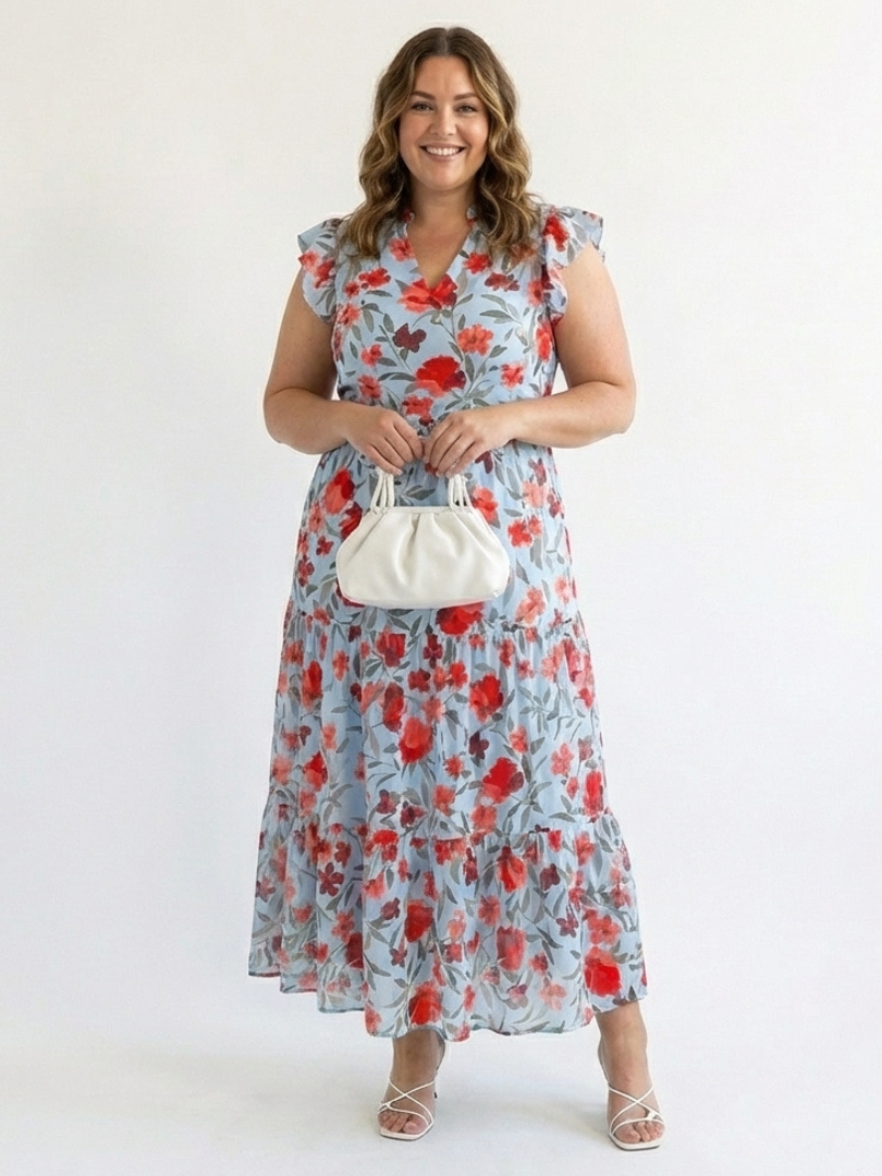 Leila - Vestido midi con cuello en V, volantes y estampado floral