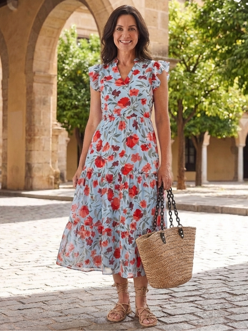 Leila - Vestido midi con cuello en V, volantes y estampado floral