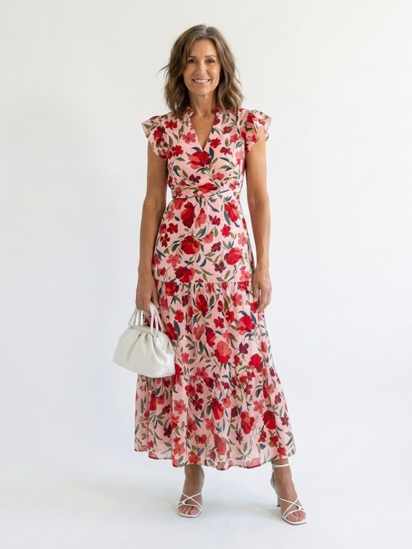 Leila - Vestido midi con cuello en V, volantes y estampado floral