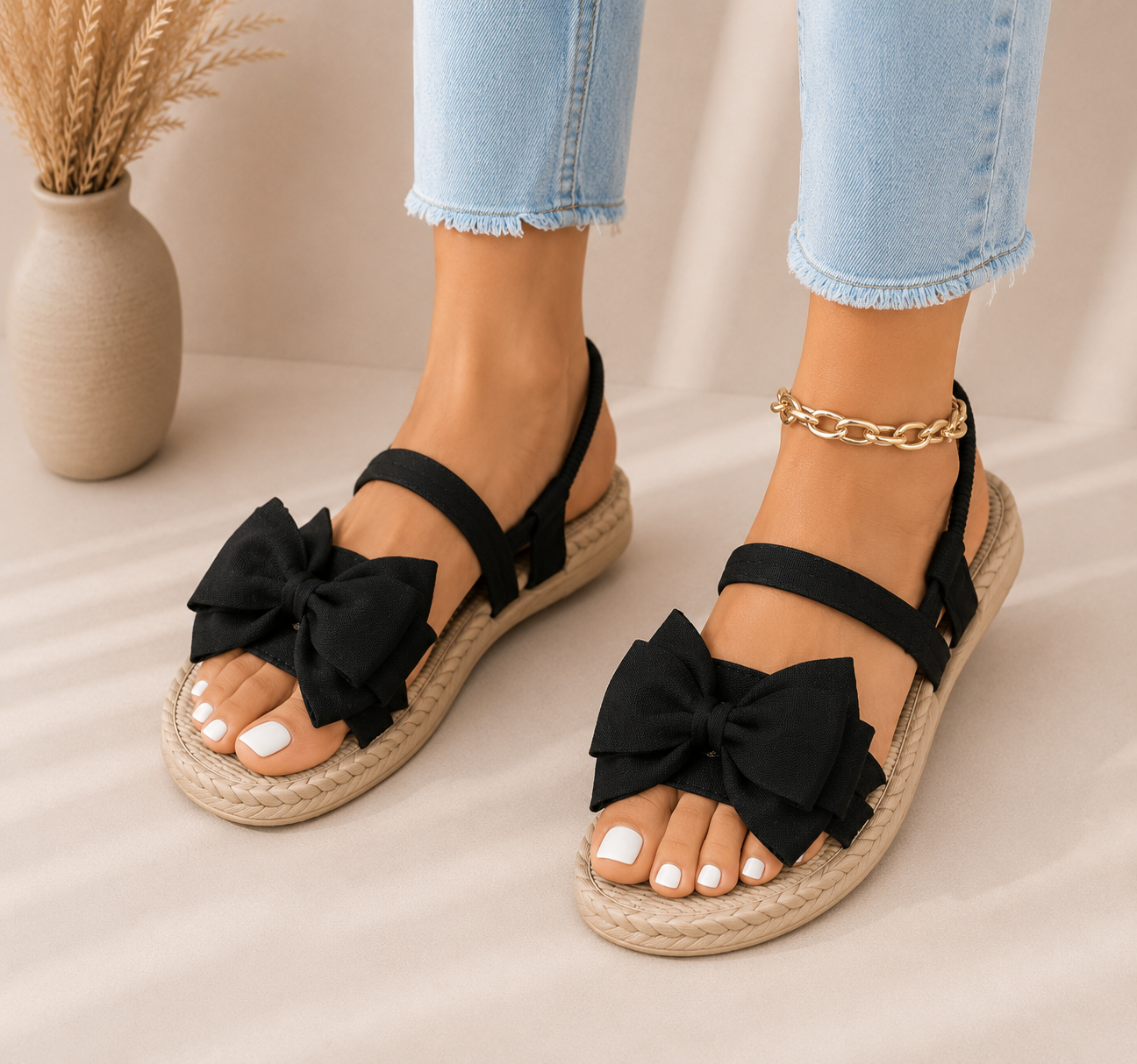 Sandalias planas de lazo para mujer ajustadas en tobillo