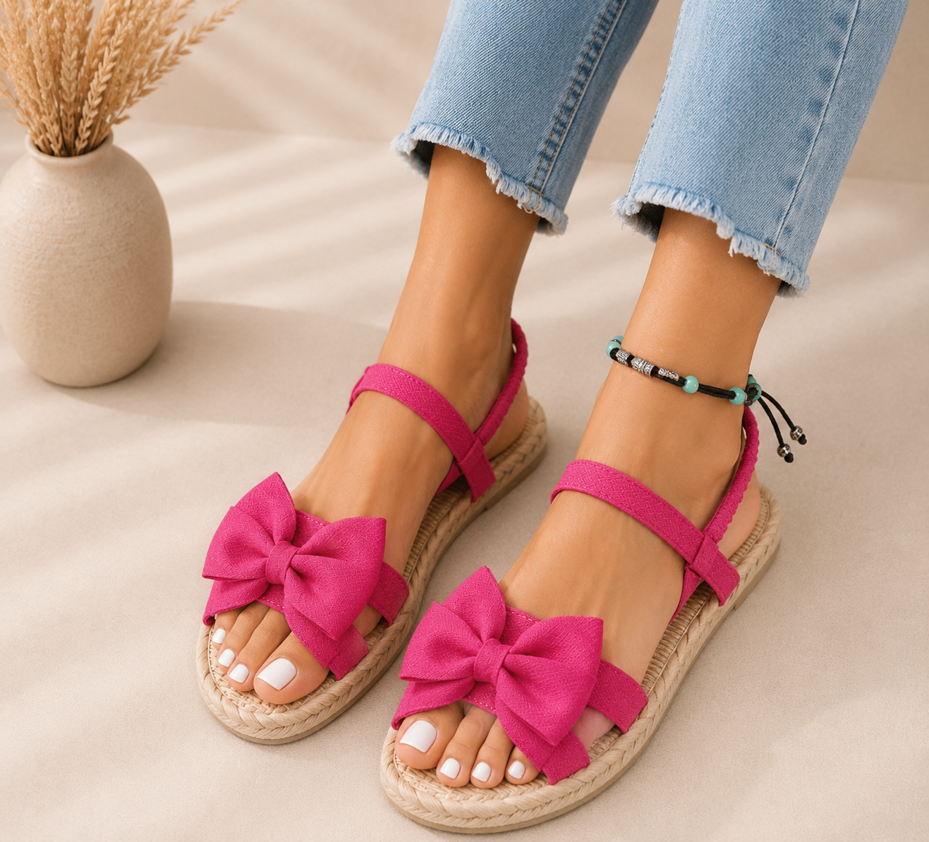 Sandalias planas de lazo para mujer ajustadas en tobillo
