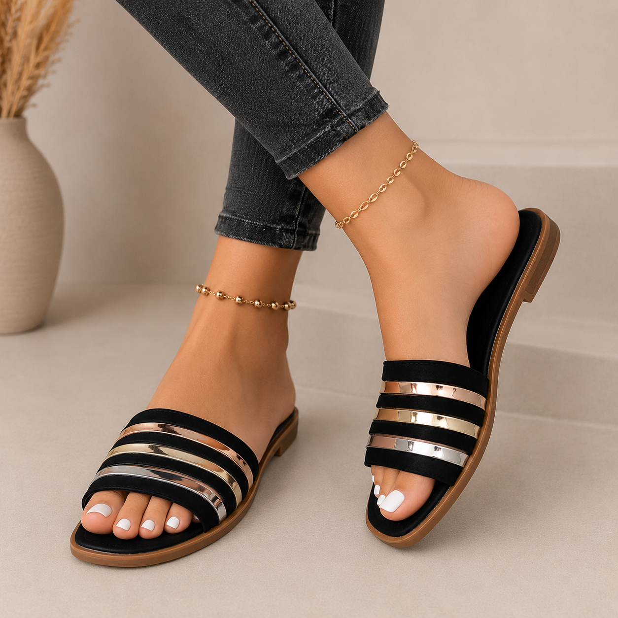 Sandalias planas de mujer con tiras metalicas para verano Danna