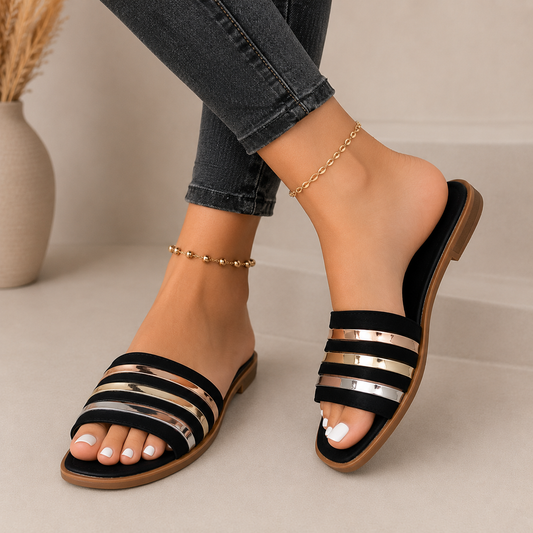 Sandalias planas de mujer con tiras metalicas para verano Danna