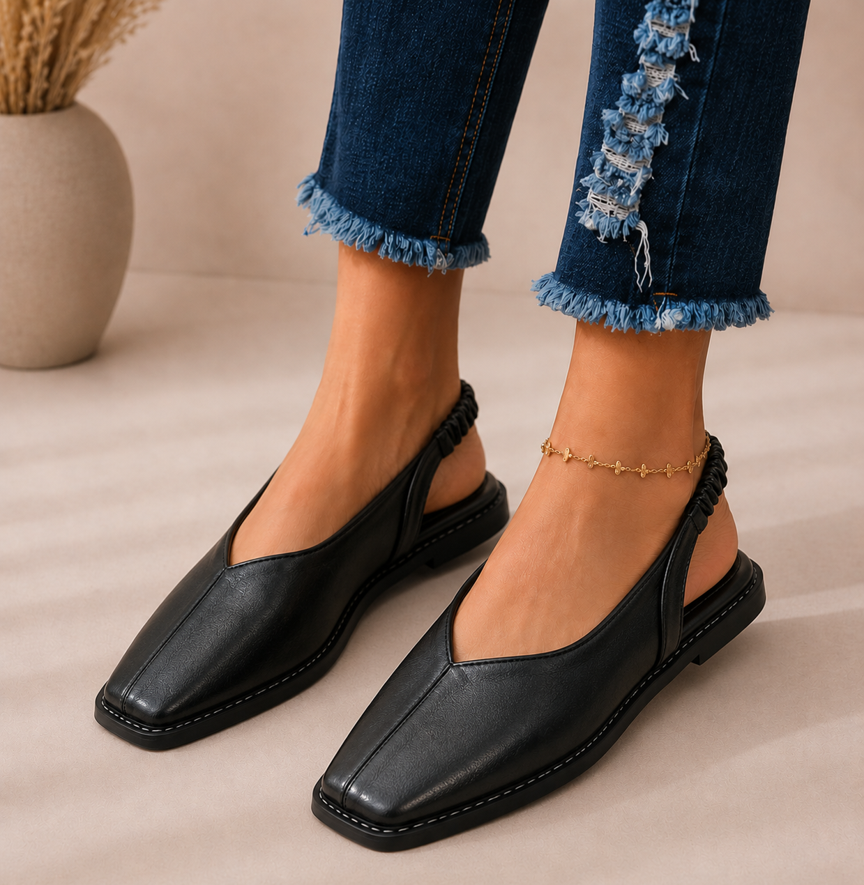 Sandalias planas de mujer de punta cuadrada - Sara