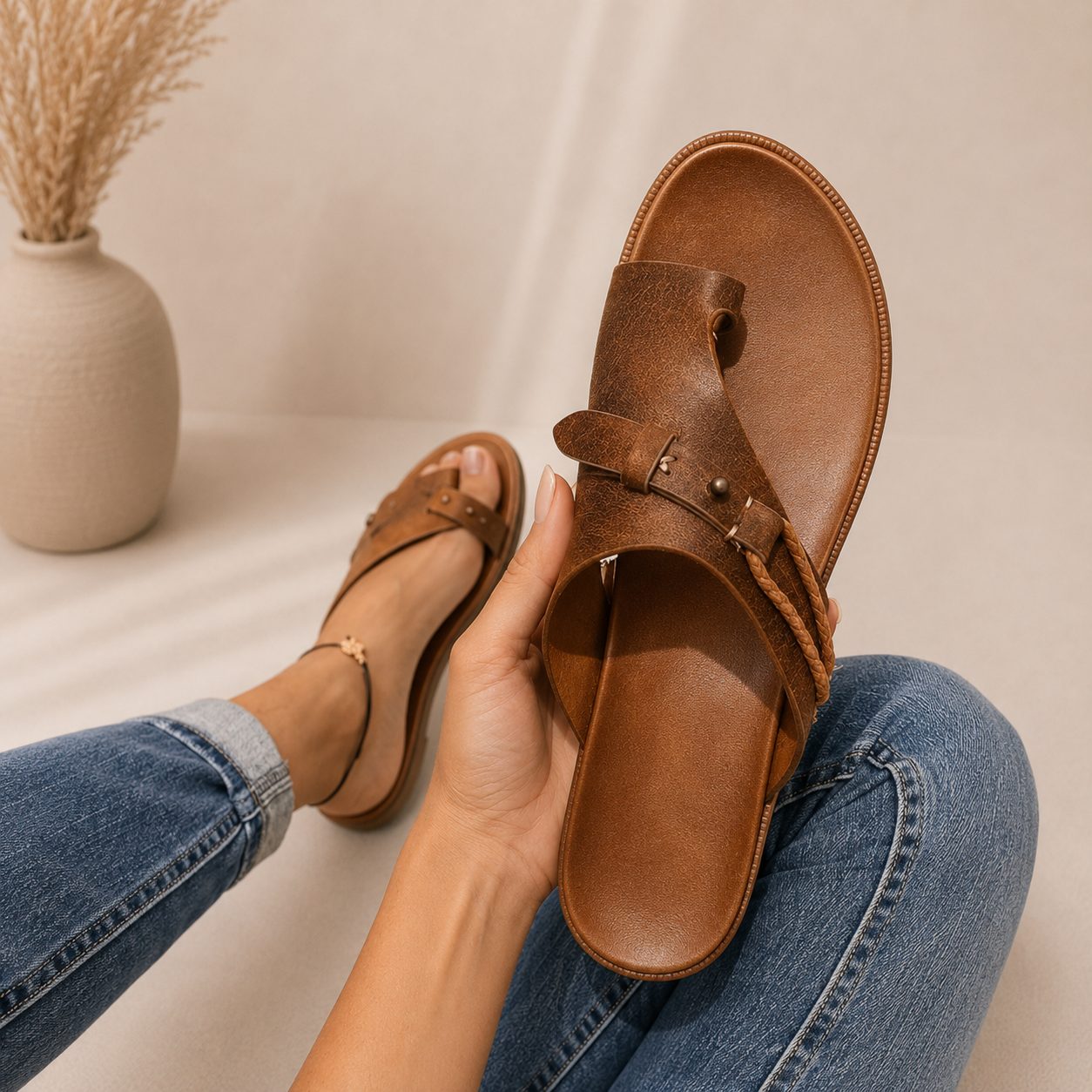 Sandalias planas de mujer de dedo con tiras