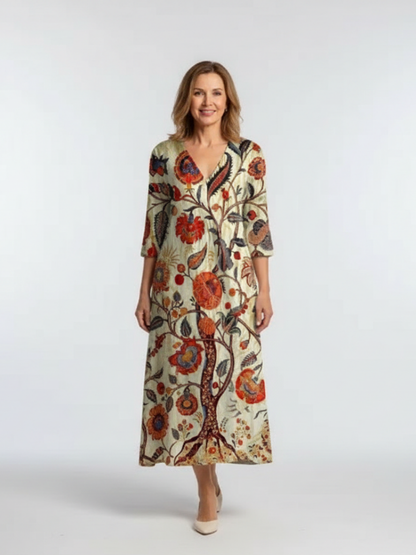 Vestido midi floral de media manga y cuello en V | Amelia