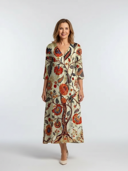 Vestido midi floral de media manga y cuello en V | Amelia