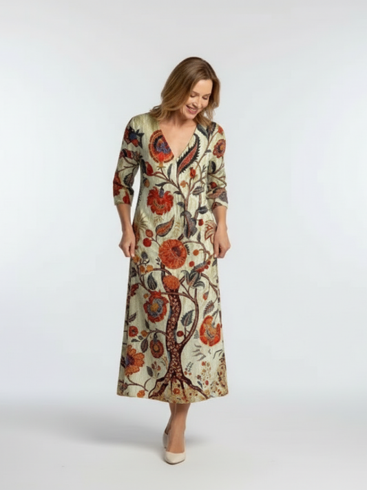 Vestido midi floral de media manga y cuello en V | Amelia