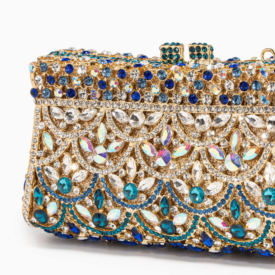Clutch Dorado con Cristales Multicolor – Bolso de Mano Brillante para Fiestas y Bodas de Lujo