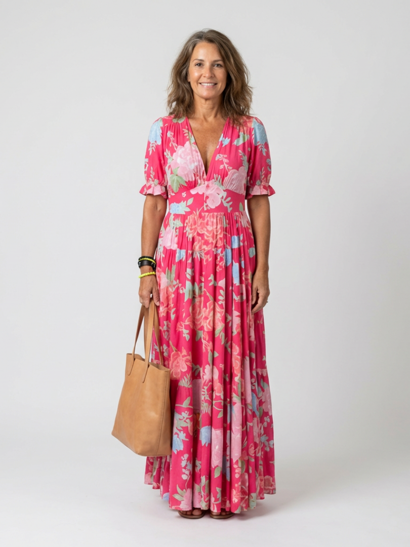 Ivonne | Vestido midi floral de manga corta y cuello en V