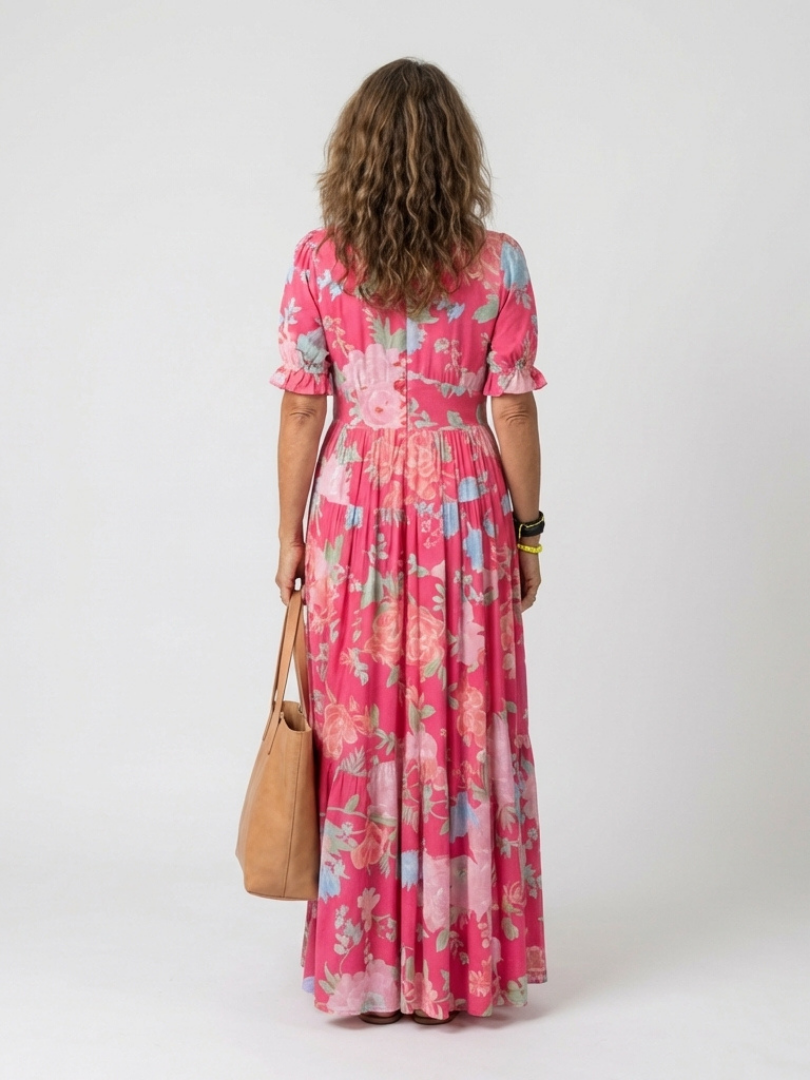Ivonne | Vestido midi floral de manga corta y cuello en V