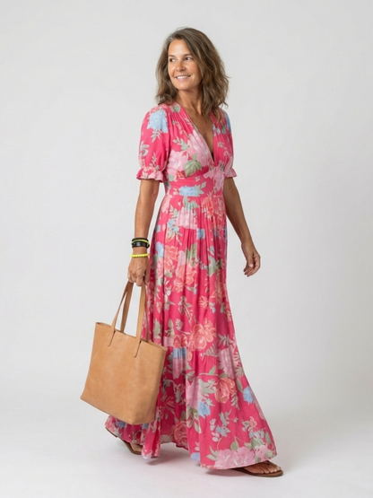 Ivonne | Vestido midi floral de manga corta y cuello en V