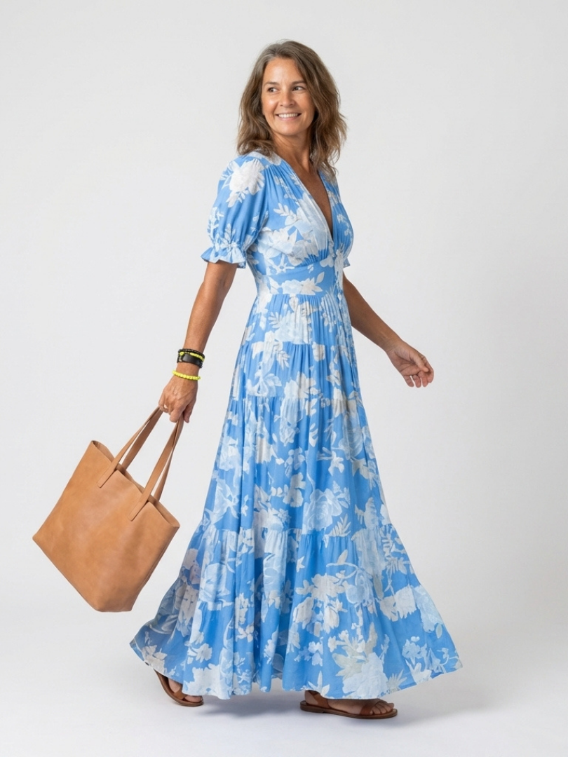 Ivonne | Vestido midi floral de manga corta y cuello en V
