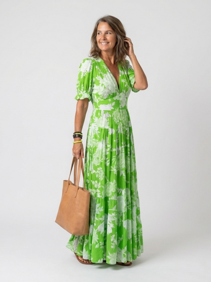 Ivonne | Vestido midi floral de manga corta y cuello en V