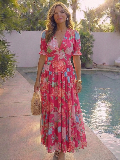 Ivonne | Vestido midi floral de manga corta y cuello en V
