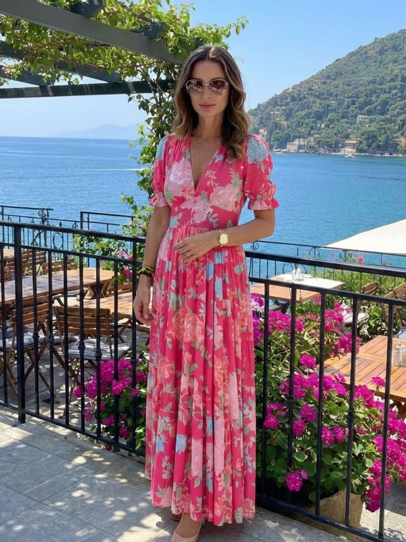 Ivonne | Vestido midi floral de manga corta y cuello en V