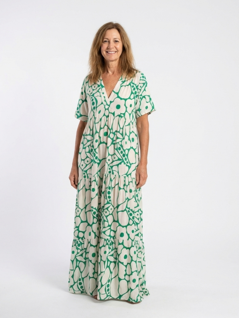 Valentina- Vestido medio de manga corta con cuello en V y estampado floral