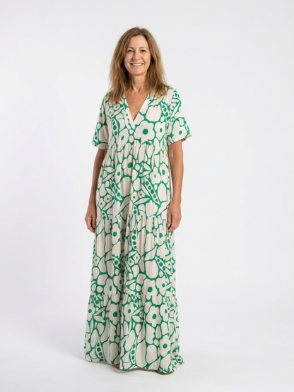 Valentina- Vestido medio de manga corta con cuello en V y estampado floral