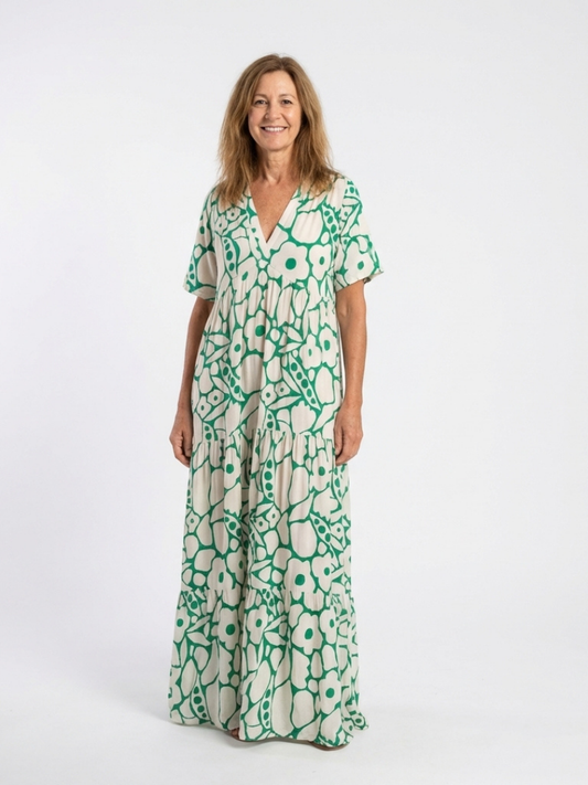 Valentina- Vestido medio de manga corta con cuello en V y estampado floral