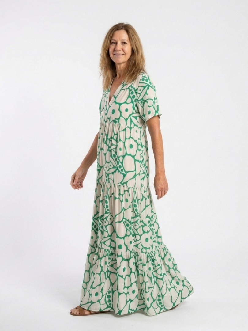 Valentina- Vestido medio de manga corta con cuello en V y estampado floral