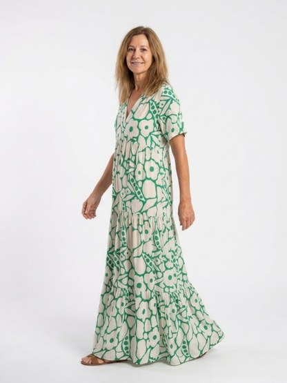 Valentina- Vestido medio de manga corta con cuello en V y estampado floral