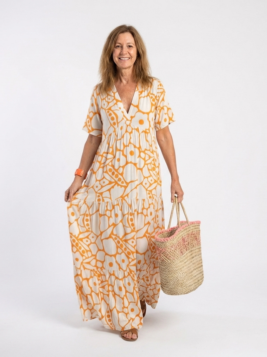 Valentina- Vestido medio de manga corta con cuello en V y estampado floral