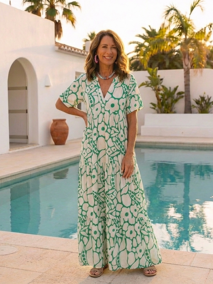 Valentina- Vestido medio de manga corta con cuello en V y estampado floral