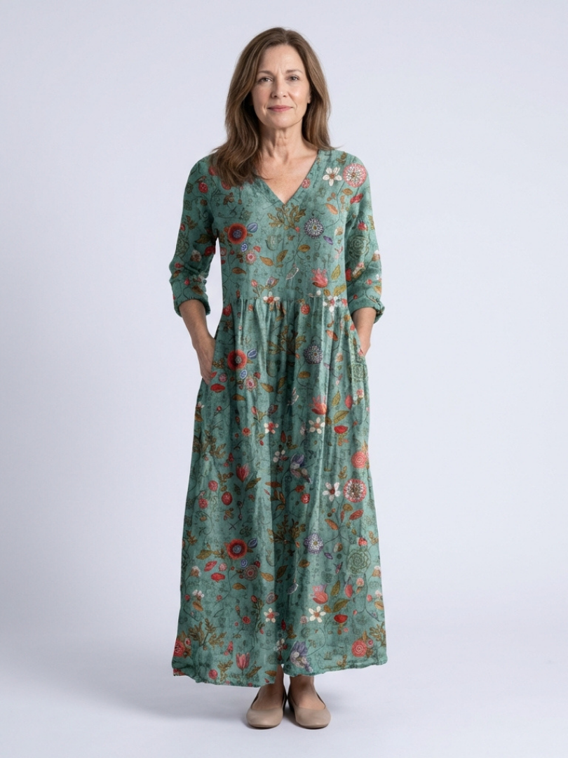 Marina - Vestido largo con estampado floral y cuello en V
