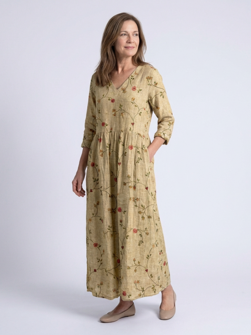 Marina - Vestido largo con estampado floral y cuello en V