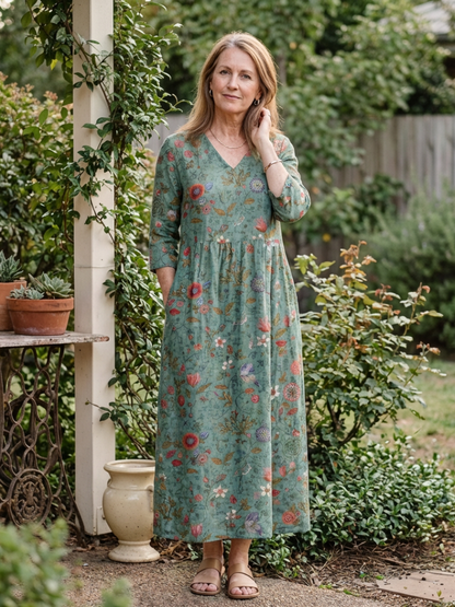 Marina - Vestido largo con estampado floral y cuello en V