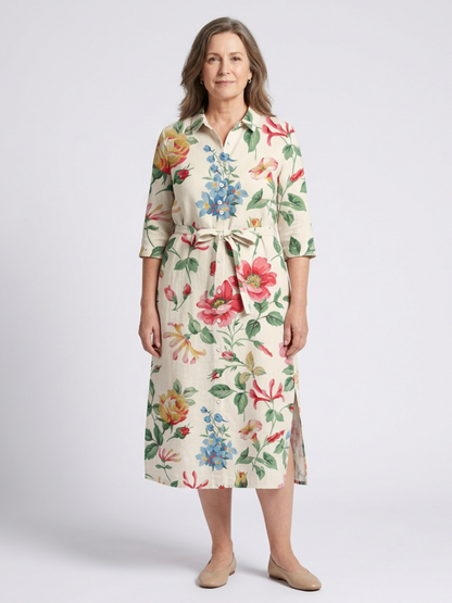Maribel - Vestido medio floral de manga corta cierre delantero