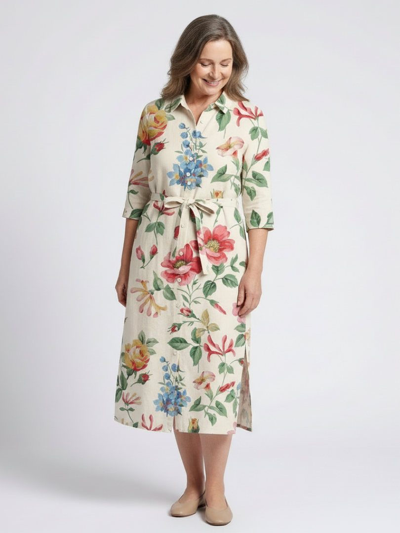 Maribel - Vestido medio floral de manga corta cierre delantero