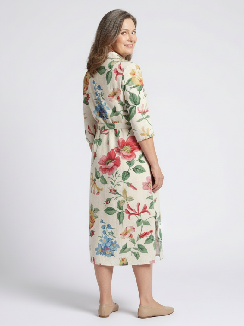 Maribel - Vestido medio floral de manga corta cierre delantero