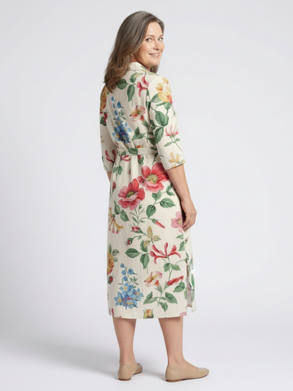 Maribel - Vestido medio floral de manga corta cierre delantero