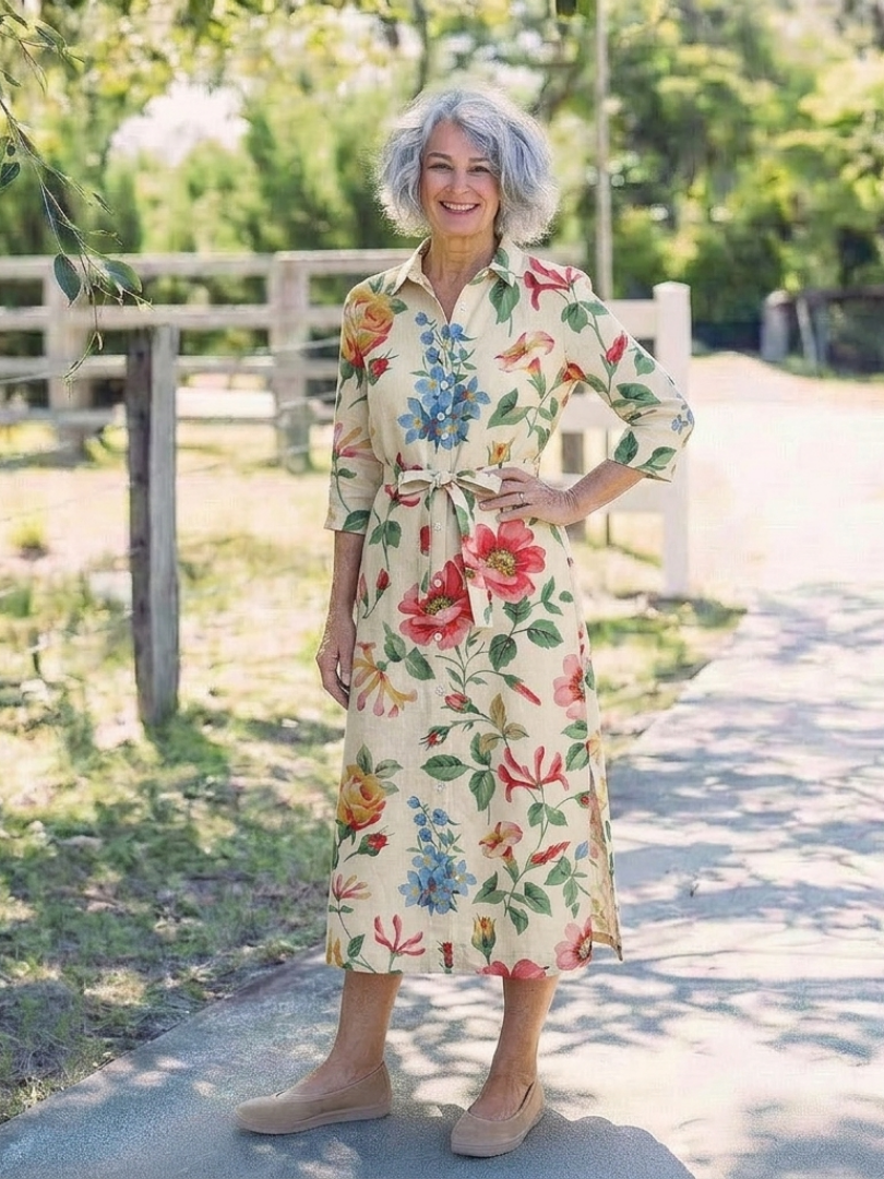 Maribel - Vestido medio floral de manga corta cierre delantero